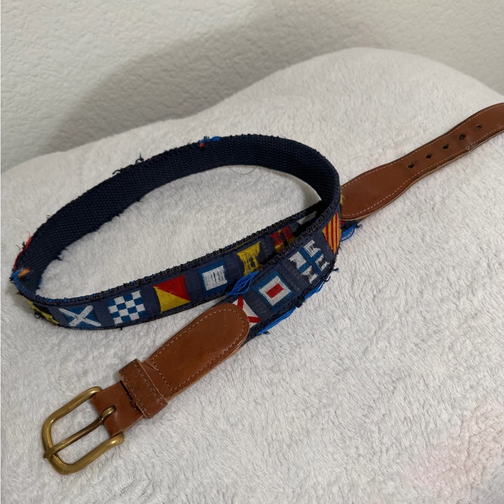 Preston‎ Brand blue 'country flags' belt with leather ends, 37" #1546